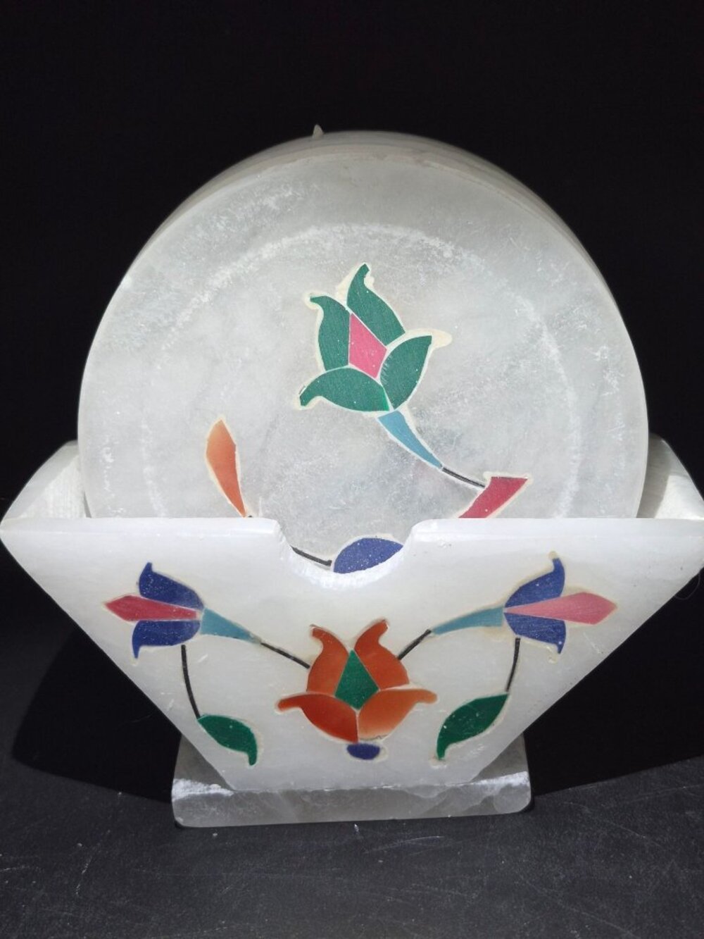 Marble Coaster Set With Floral Inlay Design 6 Coasters And Holder